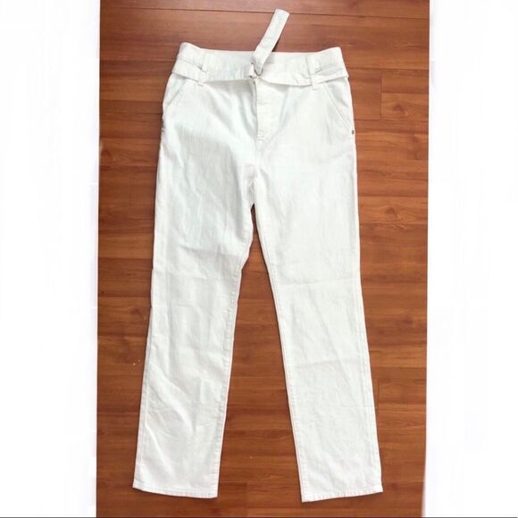 7FAM High Rise Paperbag Optic White Straight Leg Jeans NWOT - Picture 3 of 16